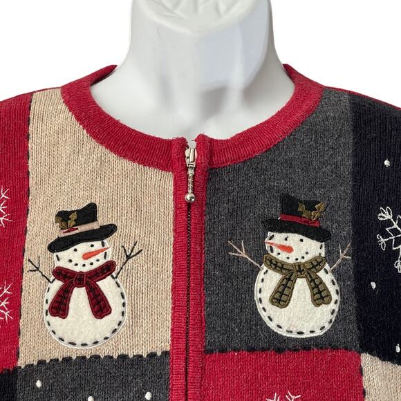 VINTAGE 90s Croft & Barrow Snowmen Busy Block Ugly Christmas Cardigan Sweater XL - Picture 2 of 5